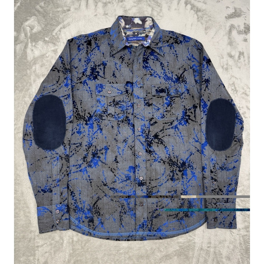Georg Roth Los Angeles Shirt Mens Medium Blue‎ Splatter Button Down Elbow Patch